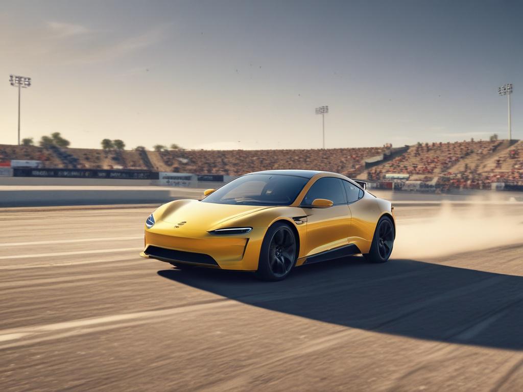 A high-resolution image of a sleek electric vehicle racing through a dynamic autocross course, with tight turns and spectators in the background. The scene is set during daytime with clear skies, emphasizing the excitement and speed of the race. The vehicle should be positioned in a way that highlights its design, while the background remains minimalistic, focusing on the action.