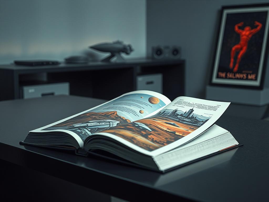 Create a realistic high-resolution photo that captures the essence of a blog titled "Exploring Sci-Fi Themes." The composition should be simple and clear, featuring a single subject: an open sci-fi novel resting on a sleek, modern desk. The book's pages should be gently turned, revealing vivid illustrations of futuristic landscapes and alien worlds, symbolizing the imaginative themes explored in science fiction.

In the background, include a dimly lit room with soft, ambient lighting that highlights the boo