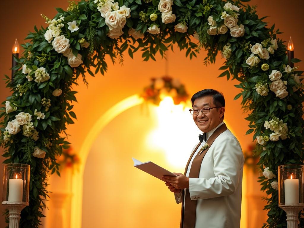 A warm and inviting wedding officiant standing under a beautifully decorated archway, surrounded by lush greenery and soft golden lighting. The officiant is smiling, holding a wedding script, with a serene atmosphere that reflects love and celebration.