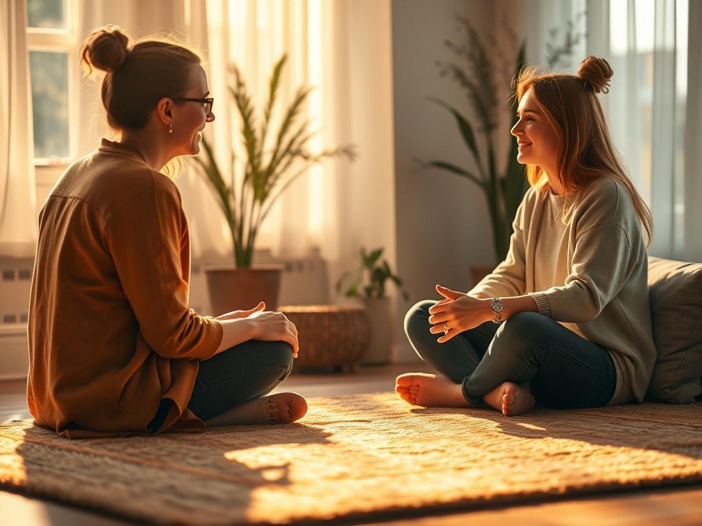 An inspiring coaching session in a serene environment, with a coach and client engaged in a productive dialogue. The setting is bright and uplifting, symbolizing growth and empowerment.