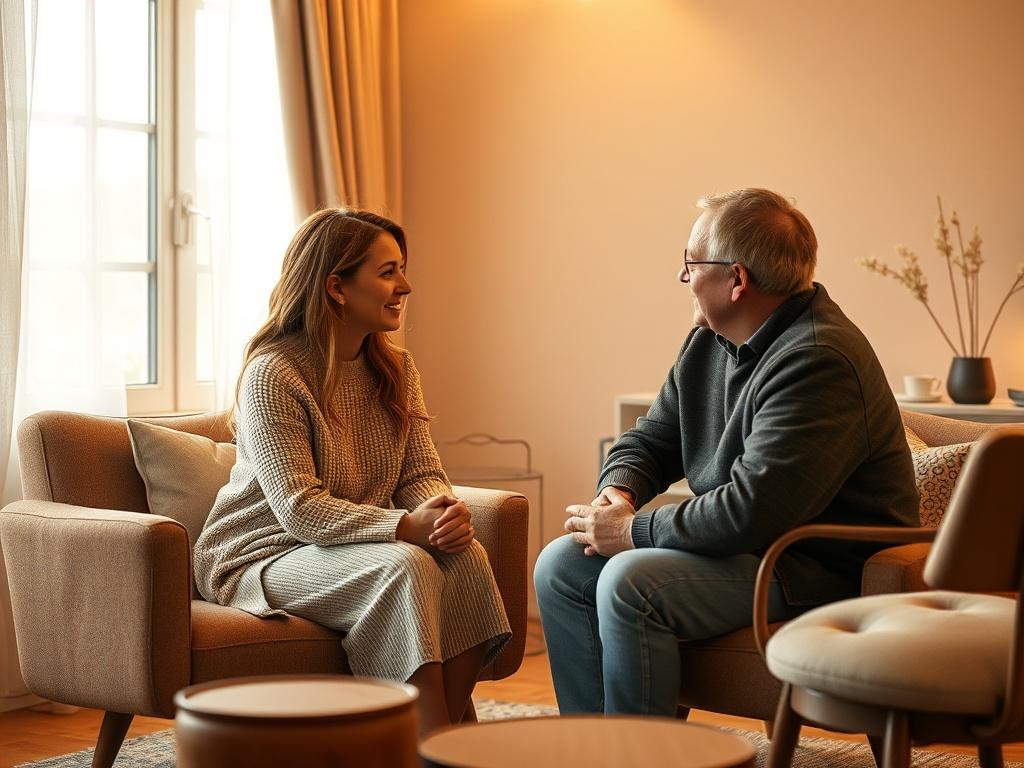 A cozy counseling room with soft lighting, featuring a couple engaged in a heartfelt conversation with a compassionate counselor. The atmosphere is warm and inviting, symbolizing trust and openness.