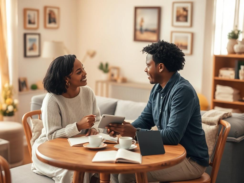 Create a realistic, high-resolution photo reflecting the theme of communication tools for couples before marriage. The image should feature a serene, cozy space where a couple is engaged in deep, meaningful conversation. The couple, a diverse pair reflecting inclusivity, is seated at a small, round wooden table with warm, golden hues illuminating their faces. The background should consist of soft, blurred-out elements like a well-decorated living room with soft lighting, gentle floral arrangements, and a fe