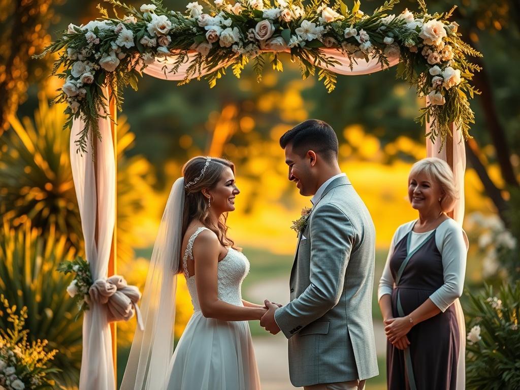 A serene and intimate wedding ceremony taking place outdoors, with a couple exchanging vows under a beautifully decorated arch. The scene is bathed in warm golden hues and soft lighting, capturing the emotion of the moment. The background features lush greenery and delicate floral arrangements, creating a cozy and inviting atmosphere. The focus is on the couple, showcasing their joy and love, while the officiant stands nearby, smiling warmly.