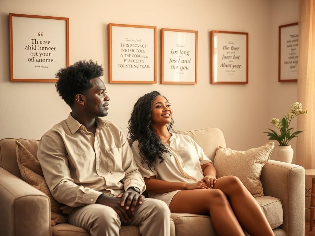 Create a realistic high-resolution photo that captures the essence of pre-marital counseling. The composition should feature a warm, inviting scene with a single couple seated on a comfortable sofa in a softly lit, cozy counseling room. The couple, depicted in a calm and engaged manner, should reflect diverse backgrounds, showcasing inclusivity. The male partner may be wearing a light-colored shirt and the female partner in a soft pastel blouse.

In the background, include tasteful decor such as framed insp