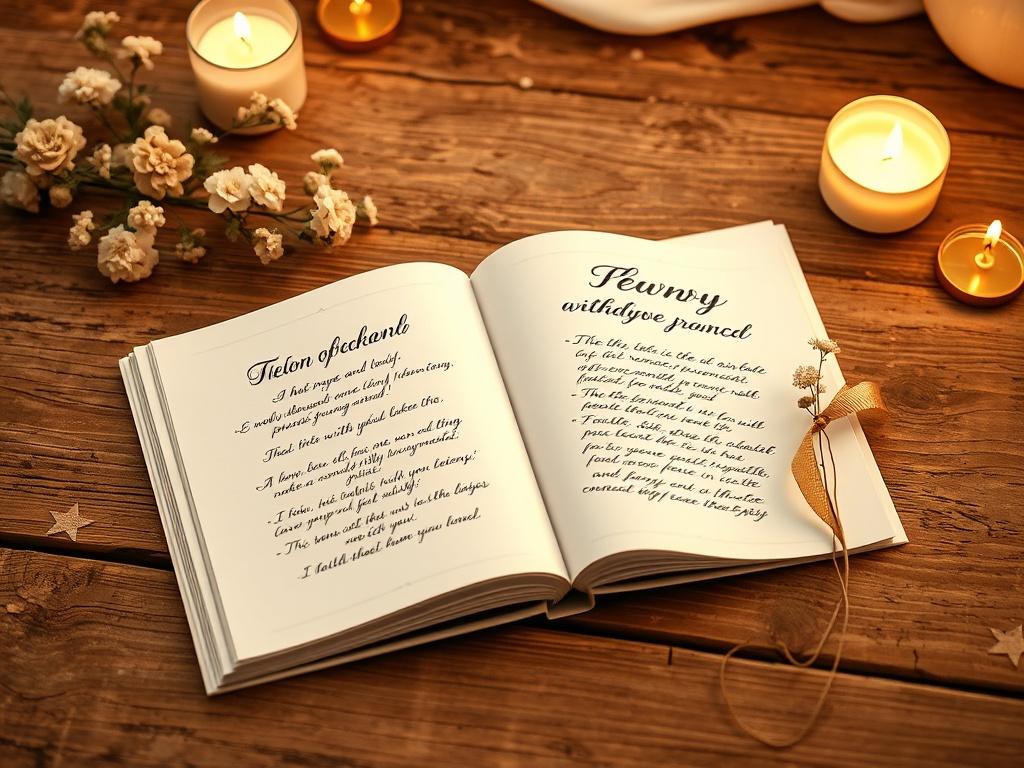 Create a realistic high-resolution photo for a blog titled "Vow Examples + Templates (Short, Romantic, Funny, Faith-Friendly)." The image should feature a beautifully arranged wedding vow booklet lying open on a rustic wooden table. The booklet’s pages should display elegant, handwritten vows in a stylish script, giving a glimpse of various vow styles, including short, romantic, funny, and faith-friendly examples. 

The background should feature soft, neutral colors with warm golden accents, reminiscent of 