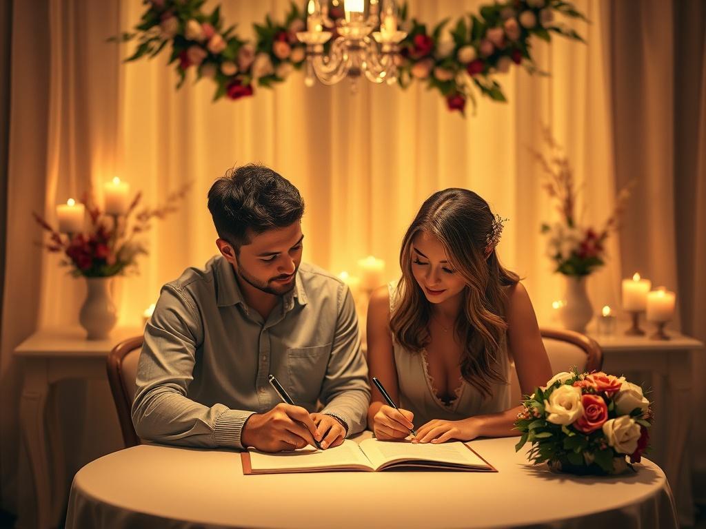 A serene setting with a couple sitting together at a table, writing vows. Soft golden lighting enhances the cozy atmosphere. The couple appears relaxed, with a notebook and a pen in front of them. The background features decorative elements like flowers and candles, adding warmth and intimacy.