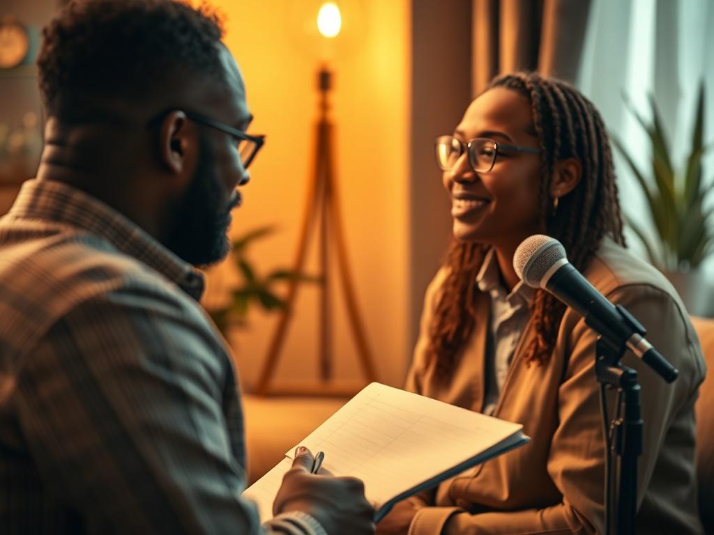 A close-up of Minister Adrian coaching a client on speech delivery. The setting is an intimate room with soft lighting, showcasing a notepad and a microphone. The client appears focused and engaged, while Minister Adrian offers encouraging feedback, creating a supportive environment.