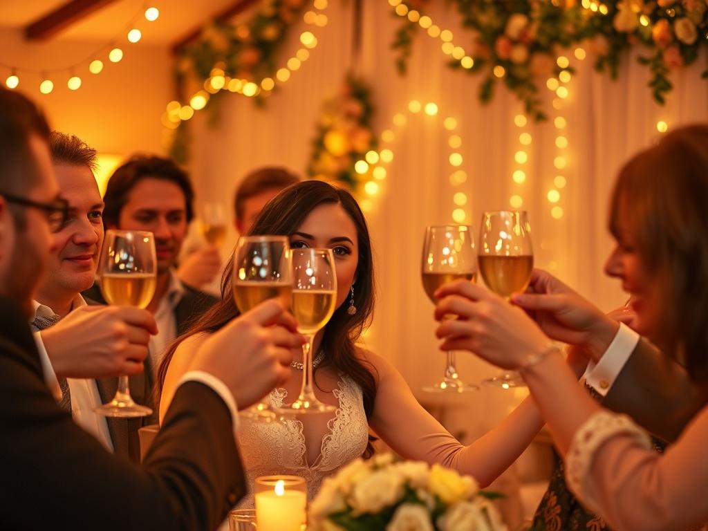 A joyful wedding reception scene with guests raising glasses for a toast. The focus is on a couple smiling, surrounded by friends and family. The lighting is warm and inviting, creating a celebratory atmosphere, with decorations like flowers and fairy lights in the background.