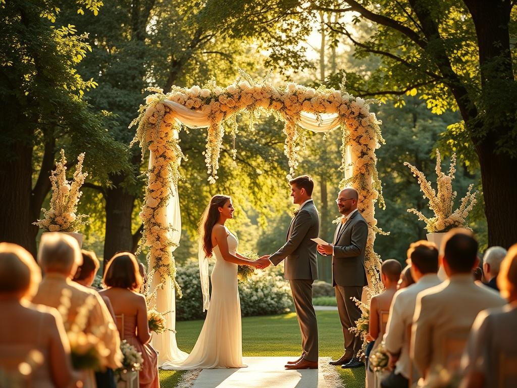 A serene wedding ceremony setup in a beautiful outdoor location, featuring a couple standing together under an elegant arch adorned with soft golden flowers. The background is filled with lush greenery, and the sunlight filters through the trees, creating a warm, inviting atmosphere. The couple holds hands, radiating love and commitment, while family and friends are gathered around, witnessing this special moment. The overall composition is cozy and romantic, highlighting the spiritual essence of the ceremo