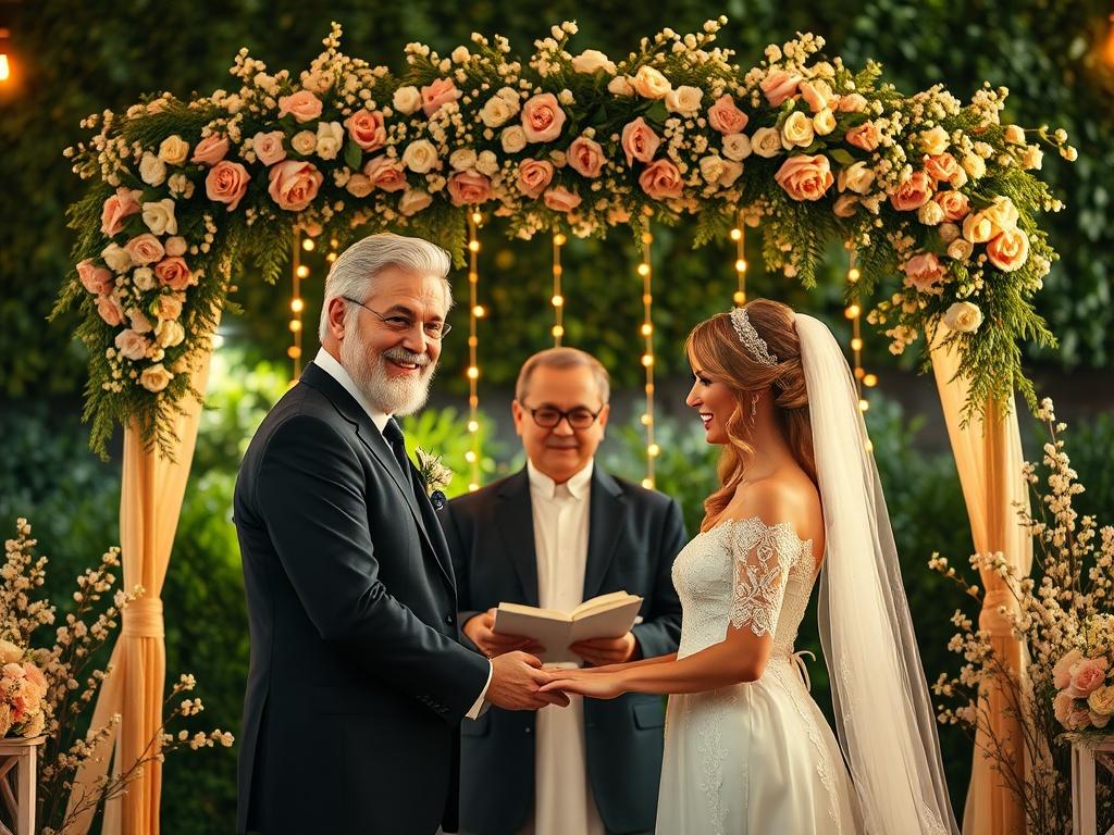 A serene wedding setting with a beautifully decorated arch and soft golden lighting. The officiant stands with a warm smile, ready to lead a couple in a heartfelt ceremony. The background features lush greenery and delicate flowers, creating an intimate and romantic atmosphere.