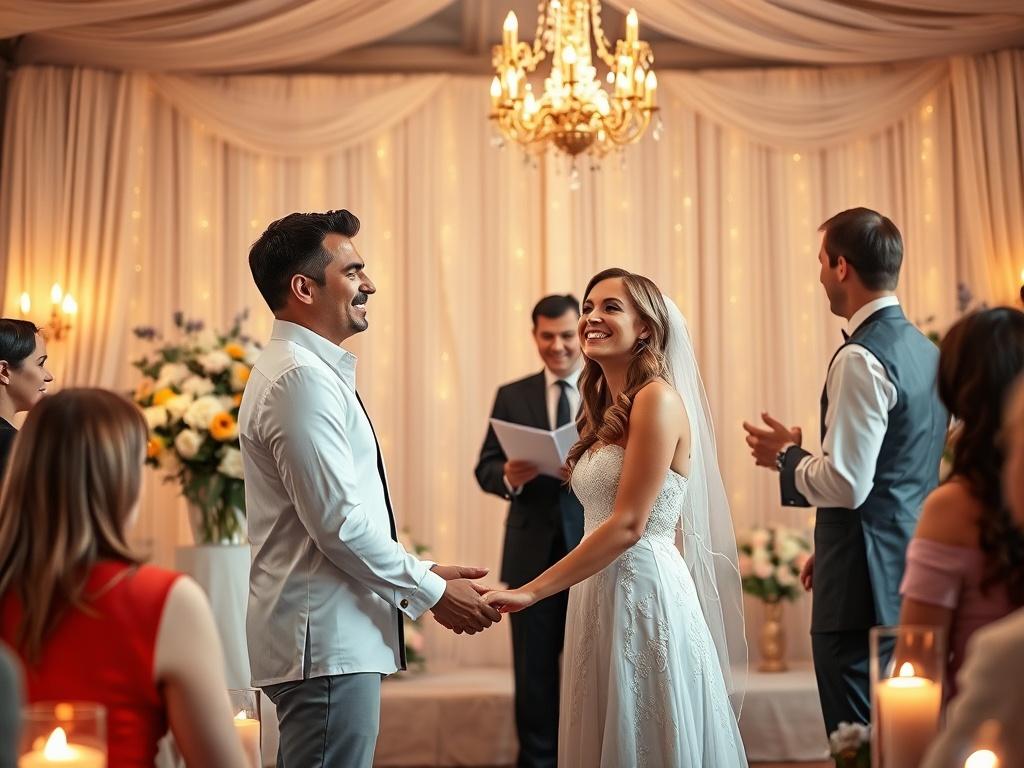 A couple joyfully participating in a re-commitment ceremony, surrounded by friends and family. The officiant speaks with passion and warmth, while a beautifully set stage with soft lighting and floral arrangements enhances the ambiance of love and celebration.