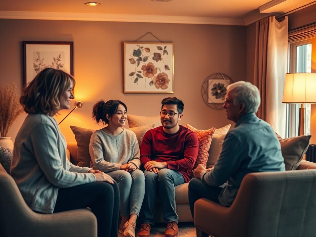 A cozy counseling room with warm lighting, where a couple sits comfortably on a couch, engaged in a thoughtful conversation with a compassionate coach. The room is adorned with soft pillows and inviting decor, creating an atmosphere of trust and support.