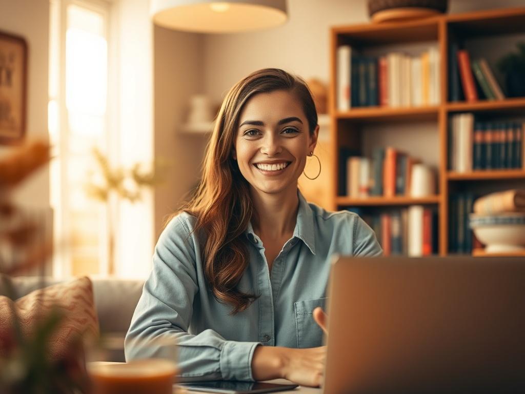 A friendly, professional individual on a video call, smiling and engaging with a client. The setting is warm and inviting, with soft golden hues and cozy decor. The background features bookshelves with inspiring titles, creating an atmosphere of support and understanding.