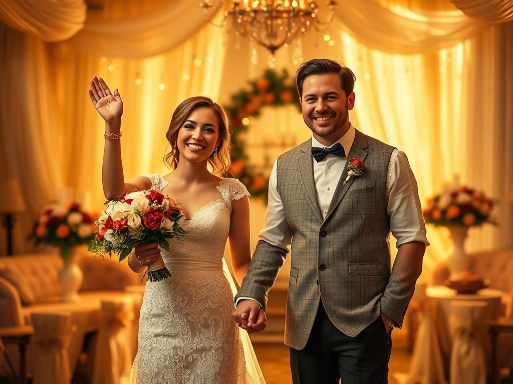 A joyful couple celebrating their wedding preparation, holding hands with smiles, surrounded by golden light and beautiful decor. The setting reflects warmth and confidence, symbolizing a successful journey ahead filled with hope and positivity.