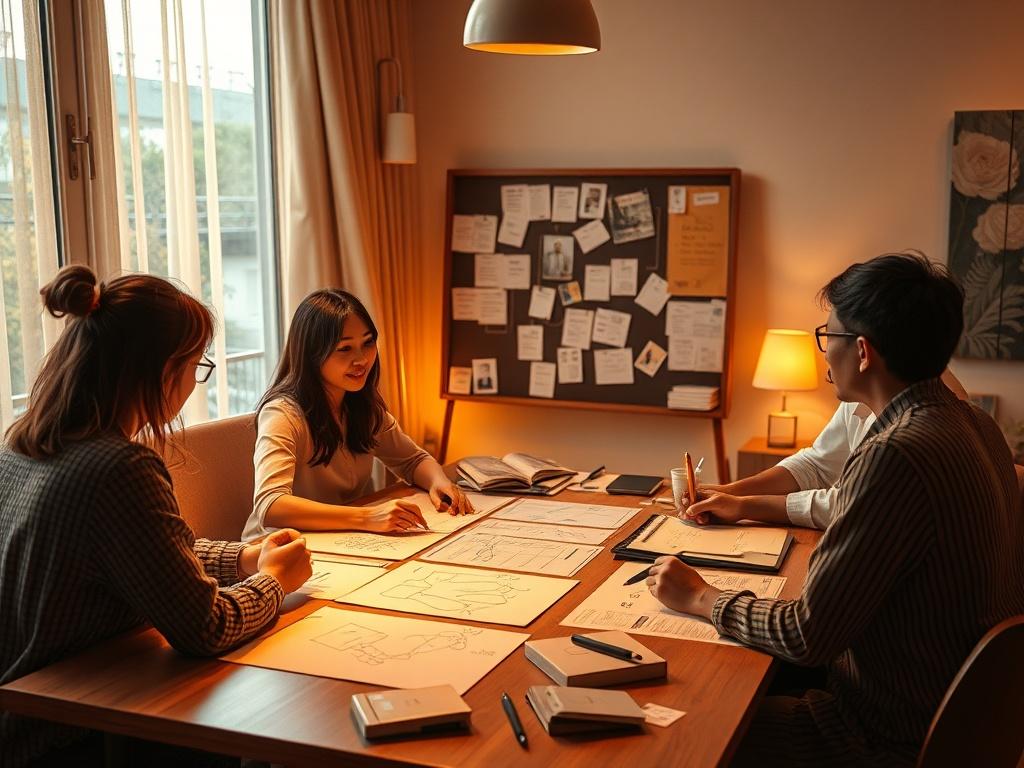 An artistic representation of a collaborative meeting, with individuals brainstorming ideas surrounded by warm, golden lighting. Visual elements like sketches, notes, and a vision board are present, symbolizing the creation of a meaningful and personalized plan.