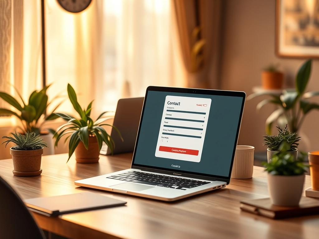 A serene and inviting workspace with a cozy atmosphere, featuring a desk with a laptop open to a contact form. Soft golden lighting enhances the welcoming feel, with plants and warm decor elements surrounding the desk. The background suggests a peaceful and professional environment.