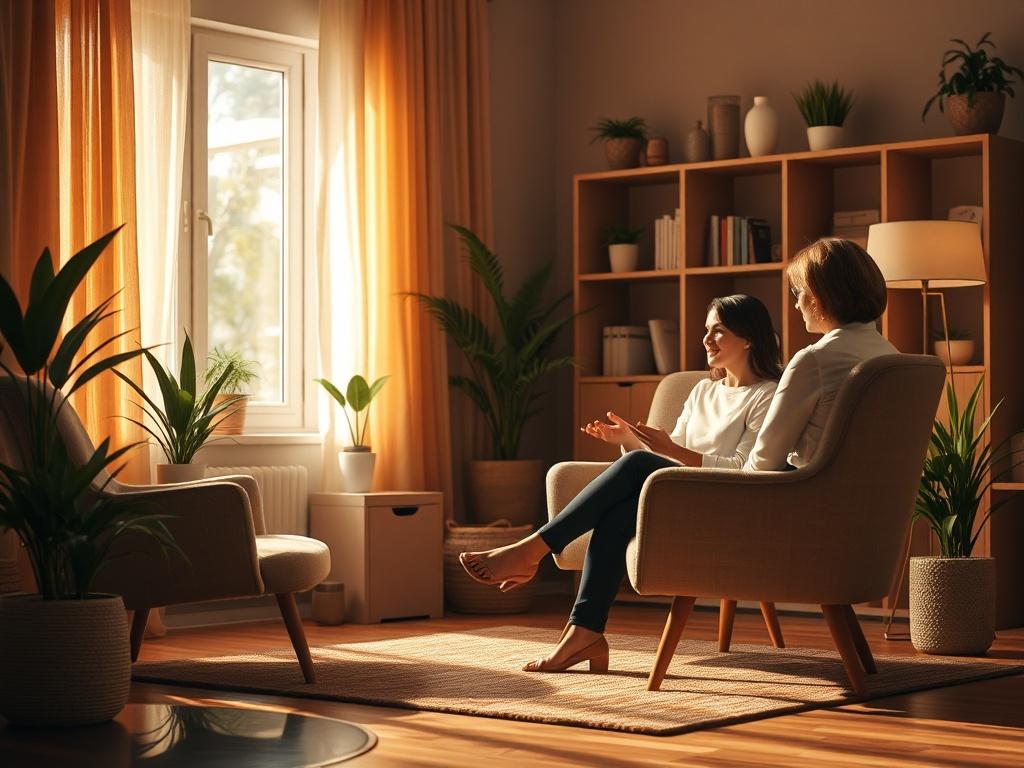 A serene coaching session scene featuring a warm, inviting atmosphere. A single person is seated comfortably in a cozy armchair, engaged in conversation with a life coach. Soft golden lighting fills the room, enhancing the tranquil environment. The background includes calming decorations such as plants and bookshelves, creating a peaceful and reflective space.