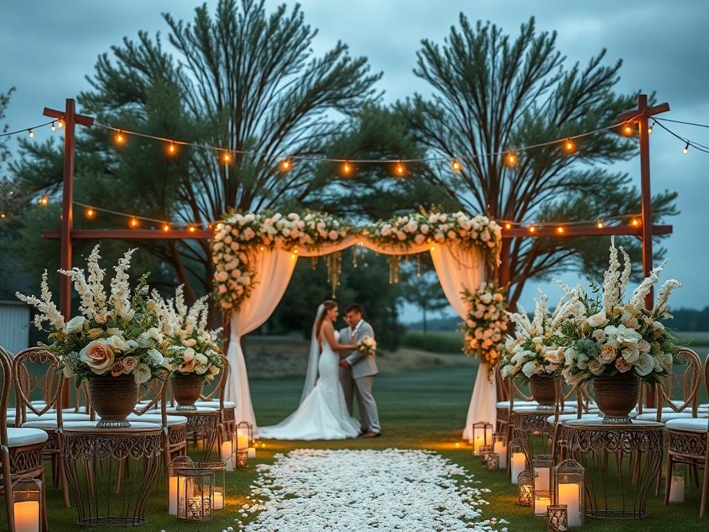 A beautiful outdoor wedding ceremony setup with soft golden hues, floral arrangements, and a serene backdrop. The scene captures the essence of love and celebration, inviting couples to envision their special day.