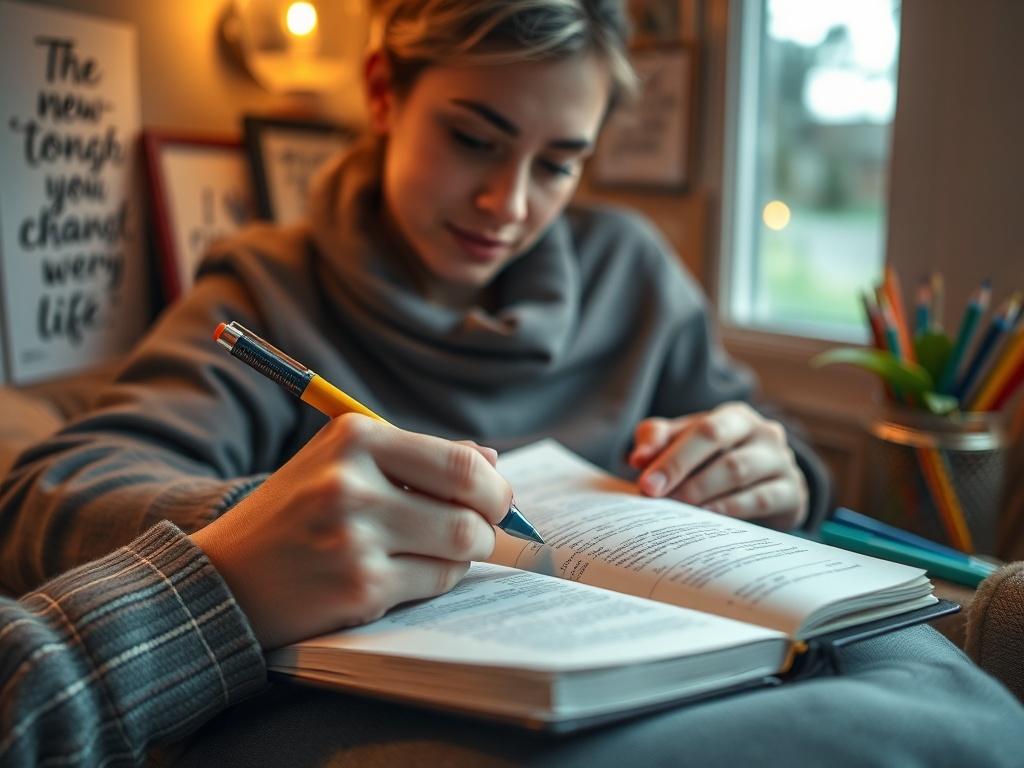 A close-up of hands writing in a planner or journal, with a focused expression on the person's face. The scene is set in a cozy nook with warm lighting, showcasing colorful pens and inspirational quotes visible around. The atmosphere conveys productivity and intention.