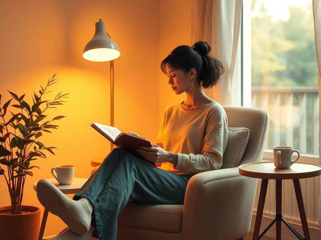 A serene scene of a person sitting in a cozy, softly lit room, reflecting thoughtfully while looking at a journal. The atmosphere is warm and inviting, with gentle golden hues surrounding a comfortable armchair and a small table with a cup of tea. The background is simple, with a plant and a window showing a peaceful outdoor view.
