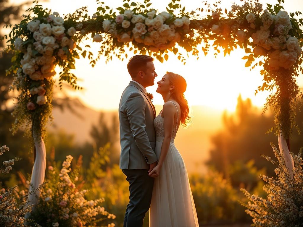 A serene outdoor wedding ceremony scene at sunset, featuring a beautiful floral arch as the backdrop. In the foreground, a couple stands hand in hand, gazing into each other's eyes with joy and love. Soft golden lighting bathes the scene, creating a warm, inviting atmosphere. The background showcases lush greenery and delicate flowers, enhancing the romantic vibe.