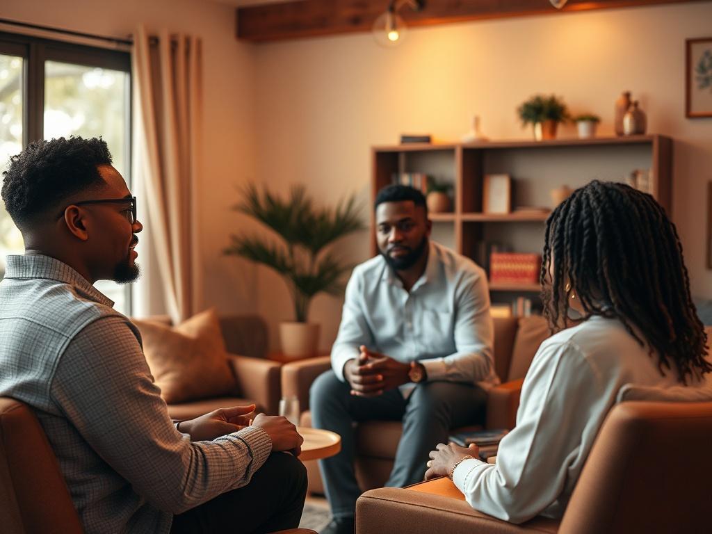 An inspiring setting where Minister Adrian Johnson guides a client through the Clarity & Accountability Bundle, showcasing a blend of individual focus and group dynamics, with elements of warmth, encouragement, and success.