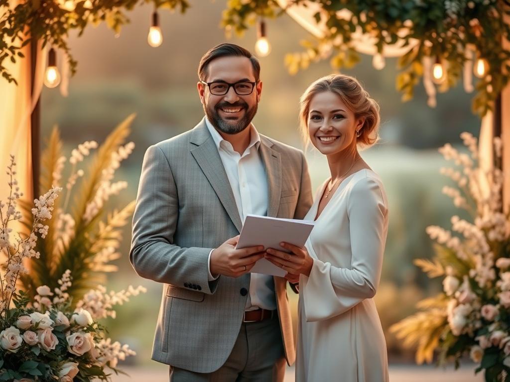A warm, inviting wedding officiant standing in a serene outdoor setting, surrounded by soft golden hues and cozy lighting. The officiant is smiling, dressed in a classy outfit, holding a wedding script, with a backdrop of lush greenery and delicate floral arrangements. The atmosphere is peaceful, embodying love and joy, capturing the essence of a heartfelt wedding ceremony. The composition focuses on the officiant, creating a sense of connection and warmth.