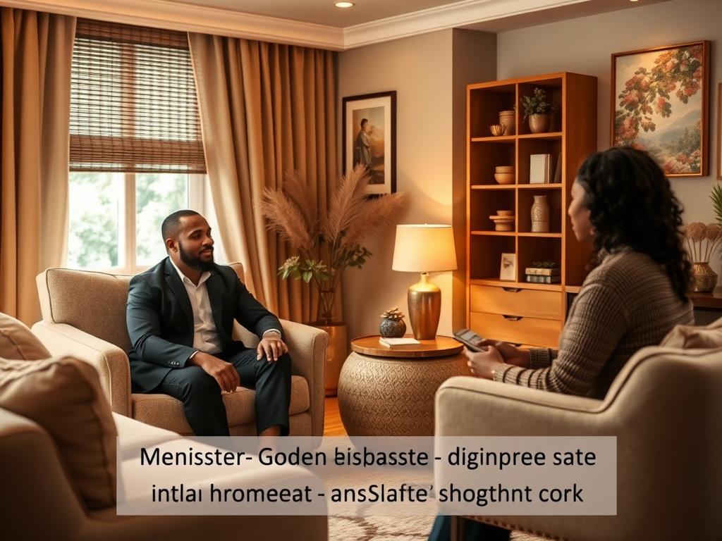 A serene and inviting coaching environment featuring Minister Adrian Johnson engaged in a one-on-one session with a client, warm lighting, cozy decor with soft gold accents, a comfortable seating arrangement, and a focus on open communication and support.