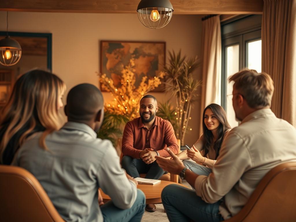 A motivational scene of a group coaching session led by Minister Adrian Johnson, featuring engaged participants sharing their goals and progress, set in a warm and welcoming environment with soft golden hues and supportive energy.