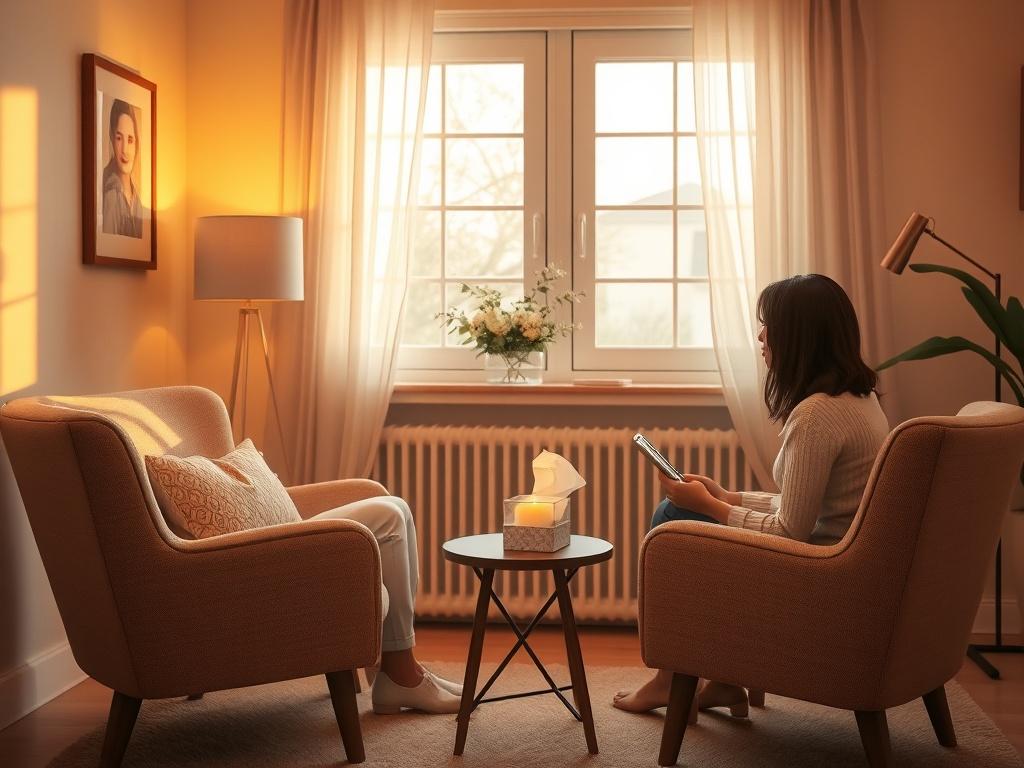 A cozy couple's coaching session in a softly lit room, featuring two chairs facing each other with a small table in between holding a candle and a box of tissues. The atmosphere is warm and inviting, with gentle music playing in the background. A window allows natural light to filter in, creating a serene and intimate setting for meaningful conversations.