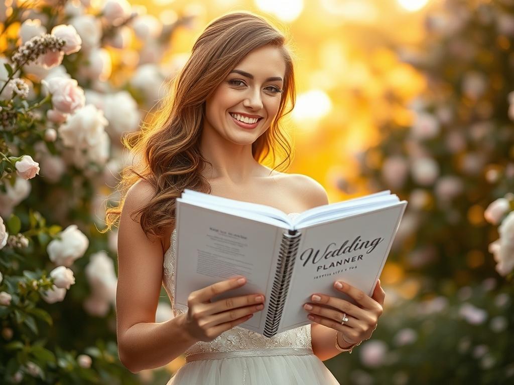 Create a realistic high-resolution photo that embodies the essence of planning a dream wedding. The composition should feature a single subject—a confident, smiling bride holding a beautifully designed wedding planner in her hands. She should be standing in a softly lit, serene outdoor setting, such as a lush garden filled with flowers. 

The background should include delicate blooms in soft pastel hues, such as blush pink and lavender, surrounded by greenery that enhances the warm, inviting atmosphere. The