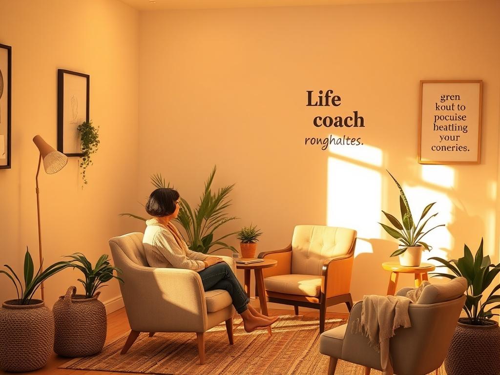 A serene and inviting coaching space with soft lighting and warm neutral tones. A person sitting comfortably in a cozy chair, engaging in conversation with a life coach. Include calming decor elements like plants and inspirational quotes on the wall.