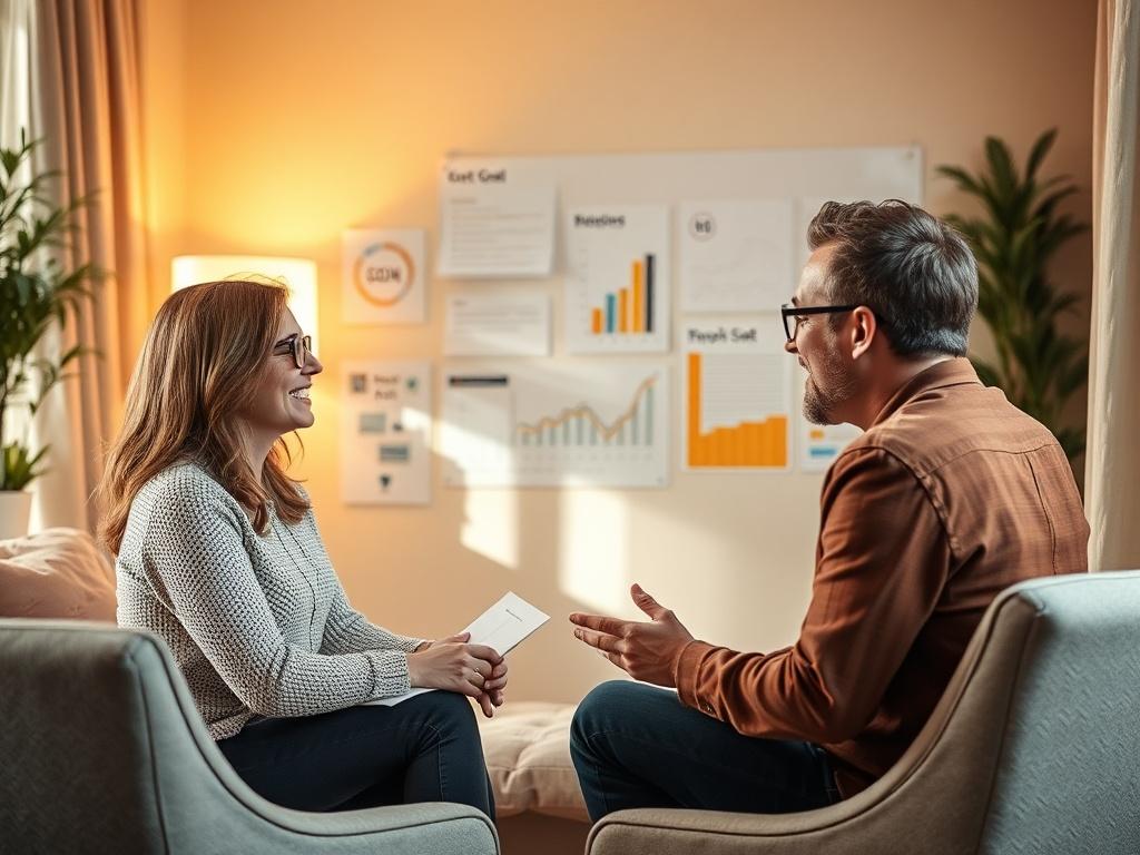 A dynamic coaching session where a coach and client are discussing goals with enthusiasm. The setting is bright and motivational, with visual aids like goal charts and progress trackers in the background.