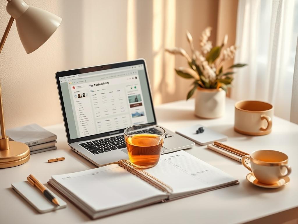 A cozy and inspirational workspace featuring a desk with a planner, a laptop open to a productivity app, and a warm cup of tea. The background should have soft lighting, with a serene atmosphere that evokes a sense of calm and focus. The color palette should include warm neutrals and soft gold accents, creating a welcoming environment for productivity. No text or abstract shapes in the image.