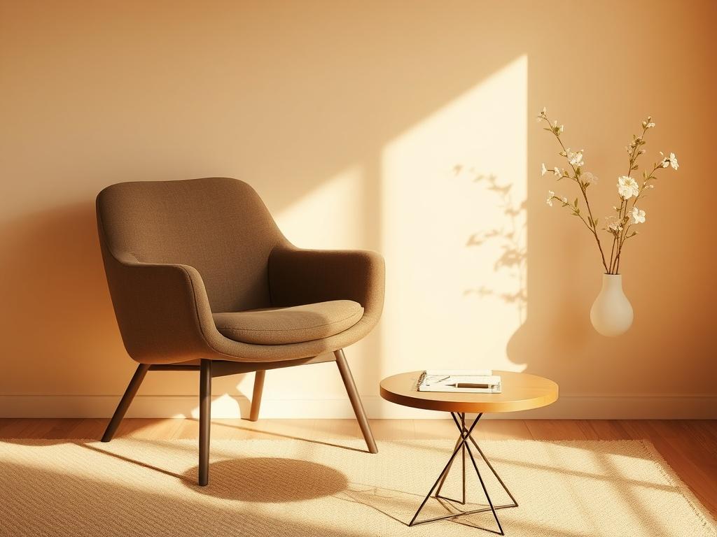 A serene and calming setting featuring a comfortable chair and a small table with a notepad and pen. Soft, golden lighting should create a peaceful ambiance, inviting relaxation and introspection. The background should be simple yet warm, emphasizing the importance of clarity and focus. No text or abstract shapes in the image.