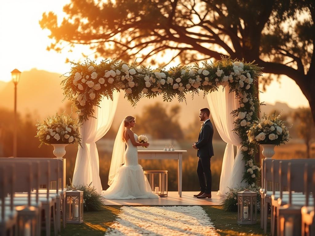 A romantic outdoor wedding setting with soft golden hues showcasing an altar adorned with flowers and greenery. The atmosphere should feel warm and inviting, capturing the essence of love and commitment. The sun should be setting in the background, providing a soft glow that enhances the beauty of the scene. No text or abstract shapes in the image.