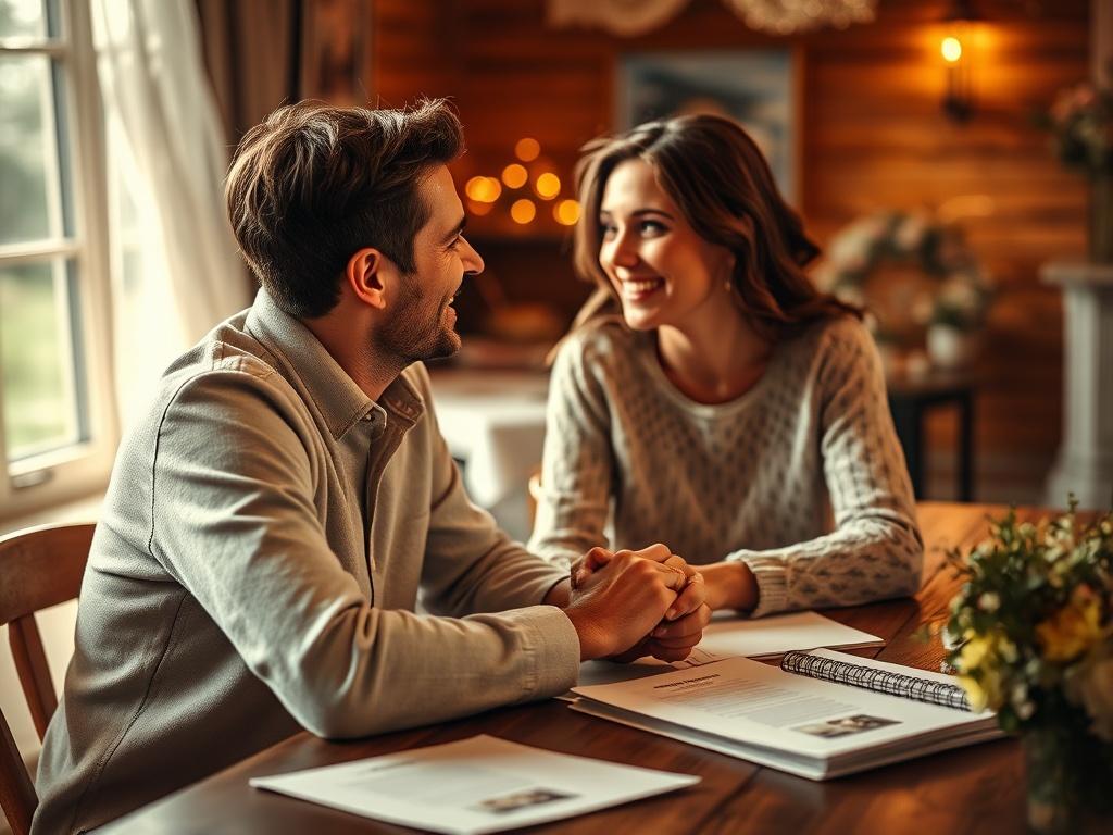 A close-up of a smiling couple holding hands and looking at each other with love, while sitting at a wooden table with wedding planning materials spread around. The background is softly blurred, creating a warm and inviting atmosphere.