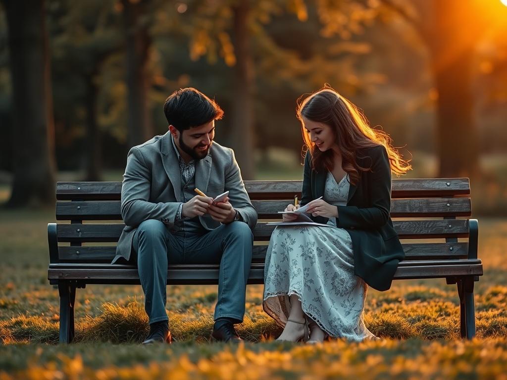 An inviting scene of a couple sitting on a park bench, writing their wedding vows with smiles and thoughtful expressions. The sun is setting, casting a golden glow over the scene, symbolizing the warmth and depth of their love.