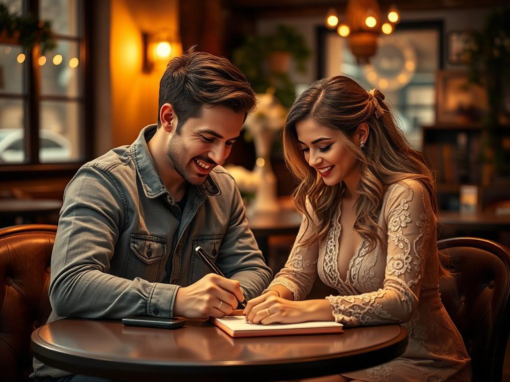 A serene scene of an engaged couple writing wedding vows together at a cozy cafe, surrounded by soft lighting and warm hues. The couple appears focused and happy, with notebooks and pens in front of them. The atmosphere is inviting and intimate.