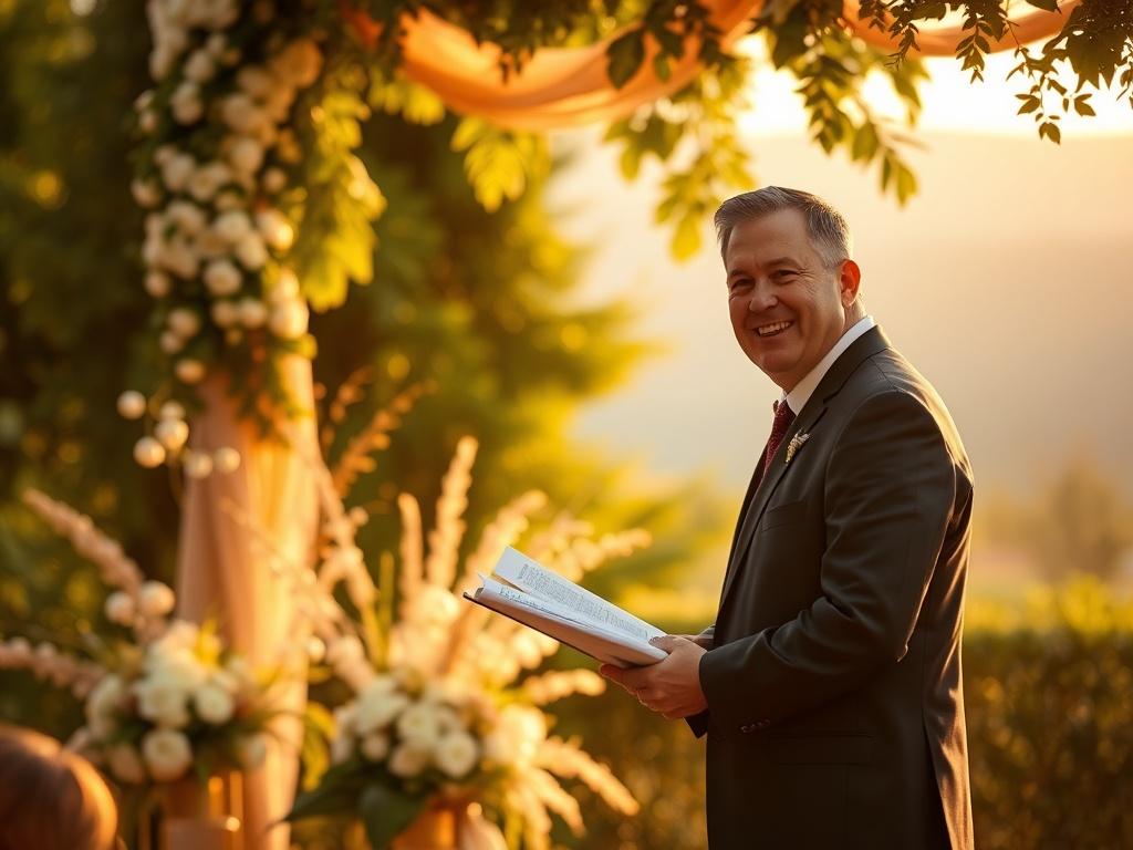 A warm, inviting scene of a wedding officiant standing in front of a beautiful backdrop, conducting a ceremony. The officiant is smiling, dressed in formal attire, with a serene outdoor setting featuring soft golden light, lush greenery, and delicate floral arrangements in the background.