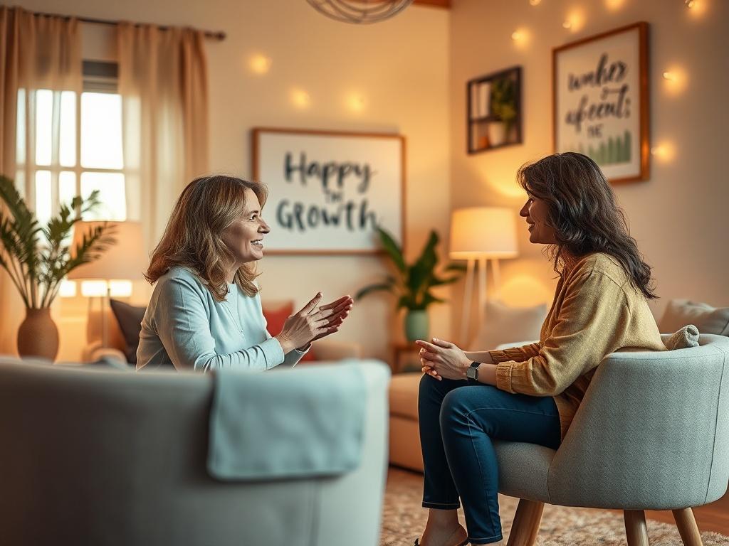 An inspiring coaching session in progress, featuring a coach and a client engaged in a productive discussion. The setting is light and uplifting, with warm colors and motivational decor that encourages personal growth.