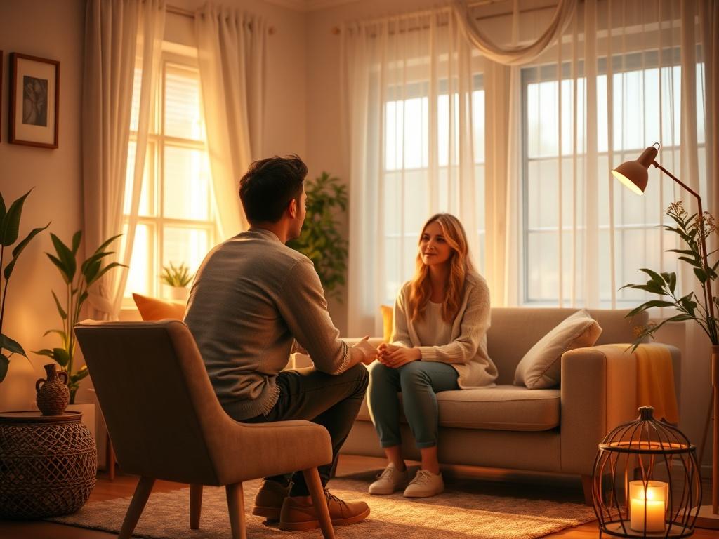 A cozy, serene counseling session taking place in a softly lit room. The scene shows a couple engaged in conversation with a warm and attentive counselor. The atmosphere is inviting, decorated with soft colors and comfortable seating.