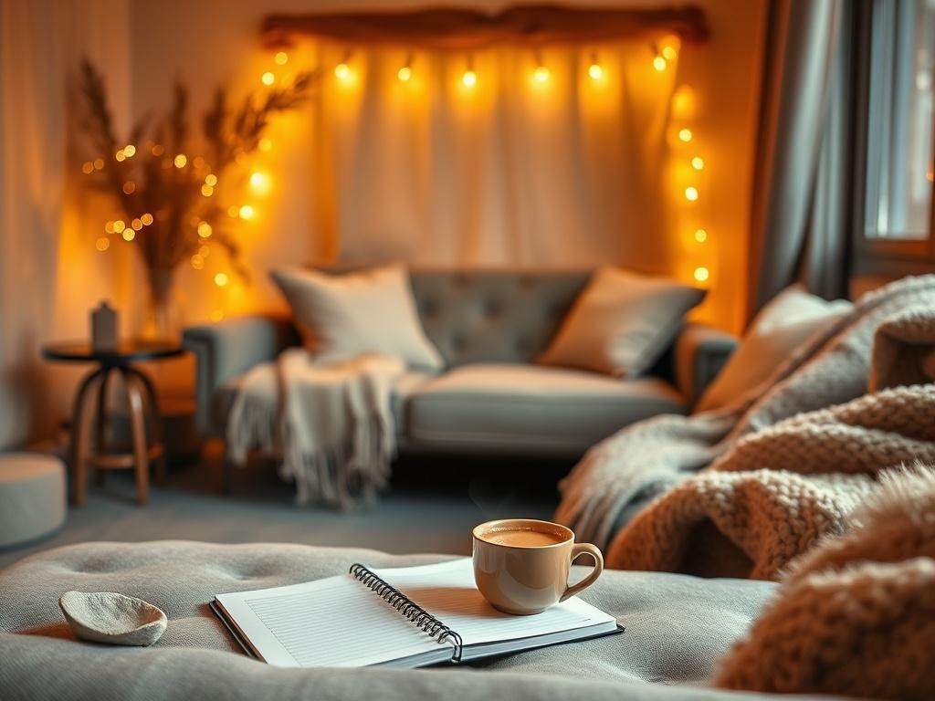 A cozy room with soft golden lighting and a comfortable seating arrangement. An inviting atmosphere showcases a notepad, a steaming cup of coffee, and a warm blanket. The setting emphasizes comfort and personal growth, encouraging open conversation and clarity.