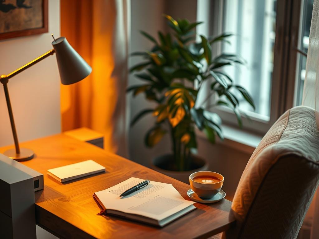 A serene workspace with a comfortable chair and a wooden desk, featuring a journal, a pen, and a warm cup of tea. Soft golden lighting enhances the cozy atmosphere, with a beautiful plant in the background. The setting conveys a sense of calm and focus, perfect for accountability and reflection.