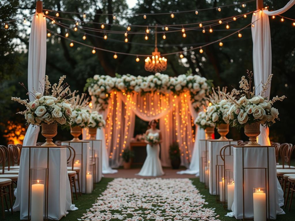 An outdoor wedding setup with elegant decorations, soft golden hues in the lighting, and a beautiful floral arrangement. The scene captures a romantic atmosphere filled with love and joy, creating a serene backdrop for a wedding ceremony.