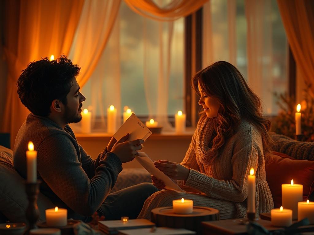 A romantic setting where a couple exchanges love letters, with candles flickering softly around them and a backdrop of gentle golden hues. The atmosphere should evoke emotions of love, warmth, and intimacy.