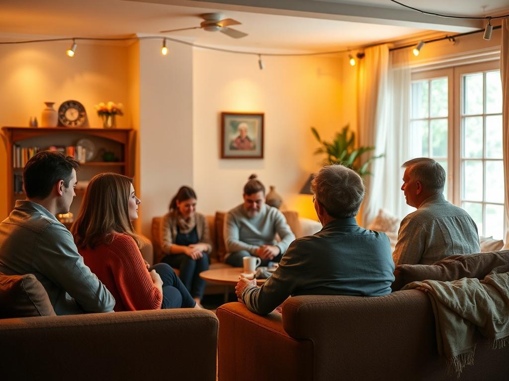 A cozy workshop setting with couples engaged in heartfelt discussions, surrounded by warm lighting and comfortable seating. The environment should feel welcoming and intimate, reflecting a safe space for emotional exploration.