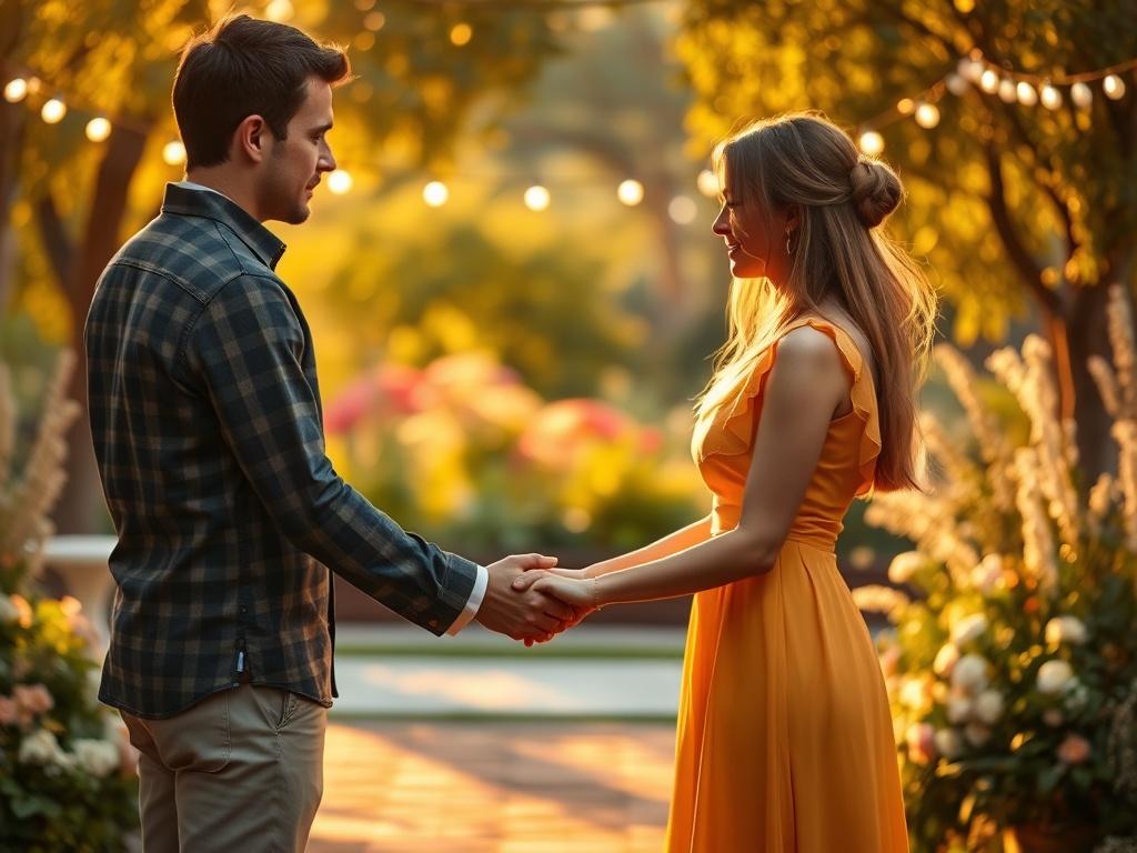 A warm, inviting setting for a re-commitment ceremony, featuring a couple holding hands in a serene outdoor location surrounded by soft golden lighting. The background should be lush with greenery and flowers, creating a cozy atmosphere that reflects love and connection.