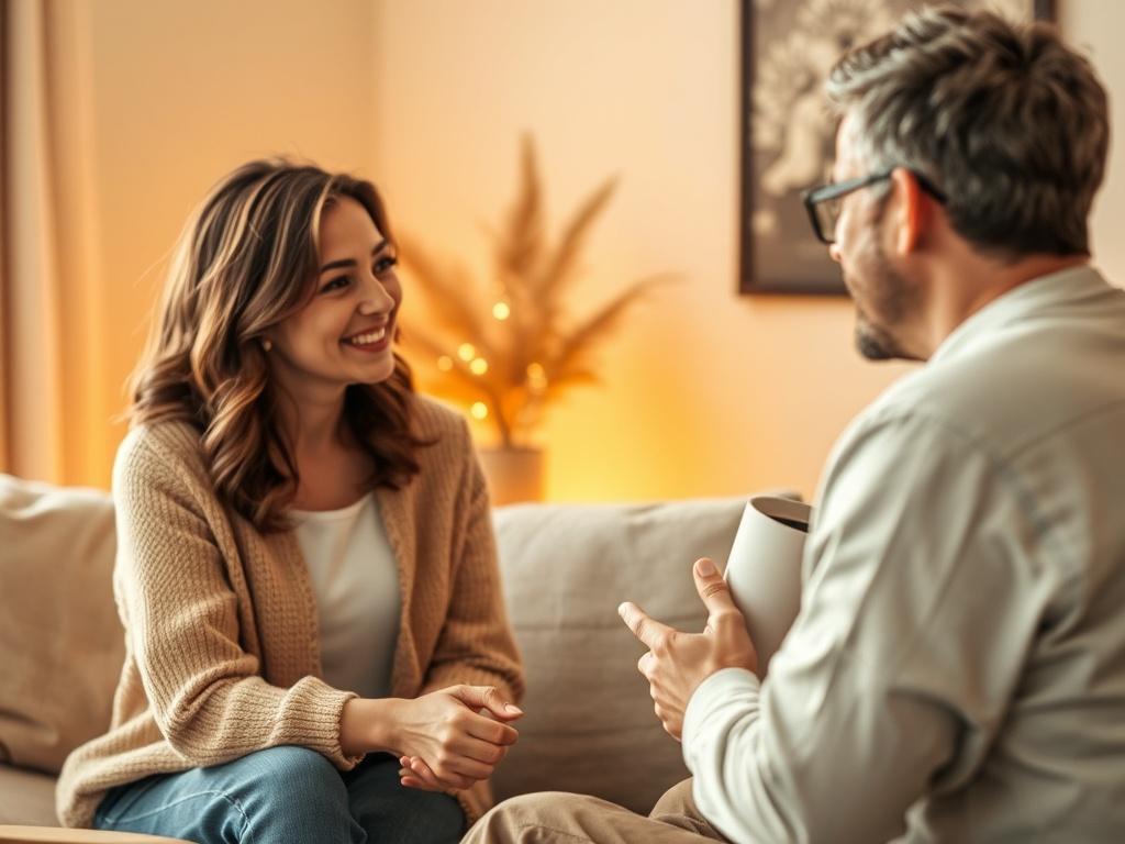 A supportive coaching session in a warm, inviting environment, with two individuals engaged in conversation, one providing encouragement and guidance while the other listens attentively, conveying trust and connection.