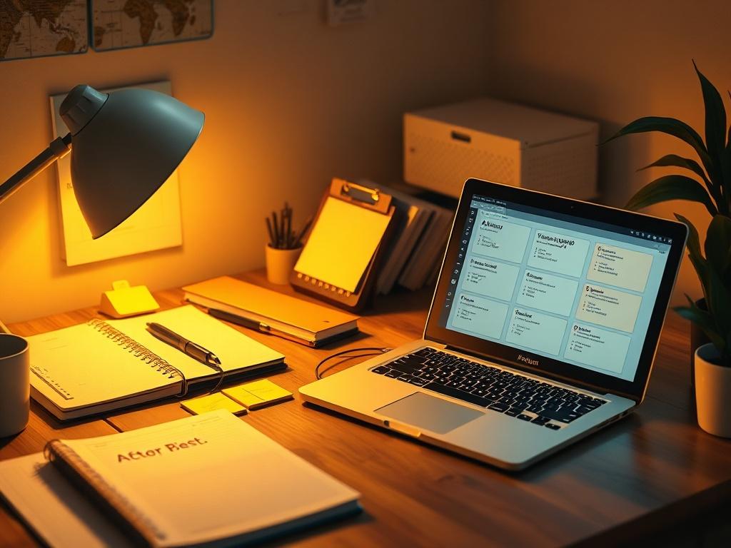A busy but organized workspace with a planner, sticky notes, and a laptop displaying a structured action plan, all bathed in soft, golden lighting that conveys productivity and warmth.